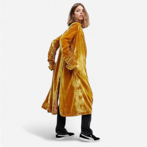 Free People Jackets & Blazers - *Flaw* Free People Dahlia Velvet Gold Yellow Duster Coat Robe Jacket